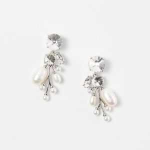 Ann Taylor Silver Rhinestone Crystal & Pearl Statement Earrings